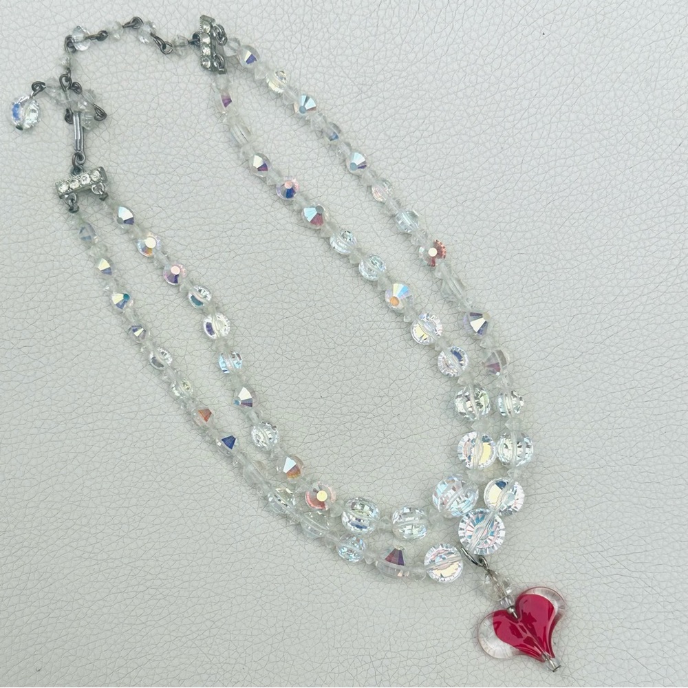 Vintage Aurora Borealis Crystal Necklace with Blown Glass Heart